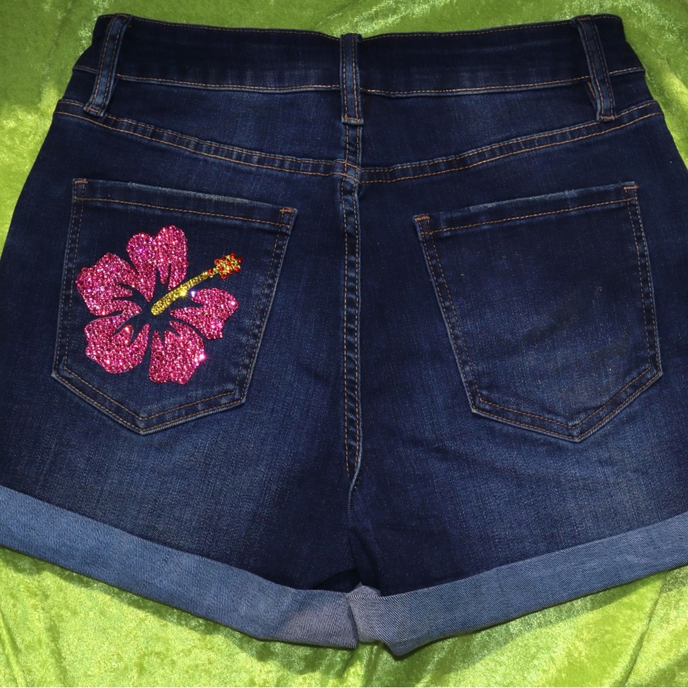 Rhinestone Tropical Gyaru Hibiscus High waisted Denim Shorts McBling